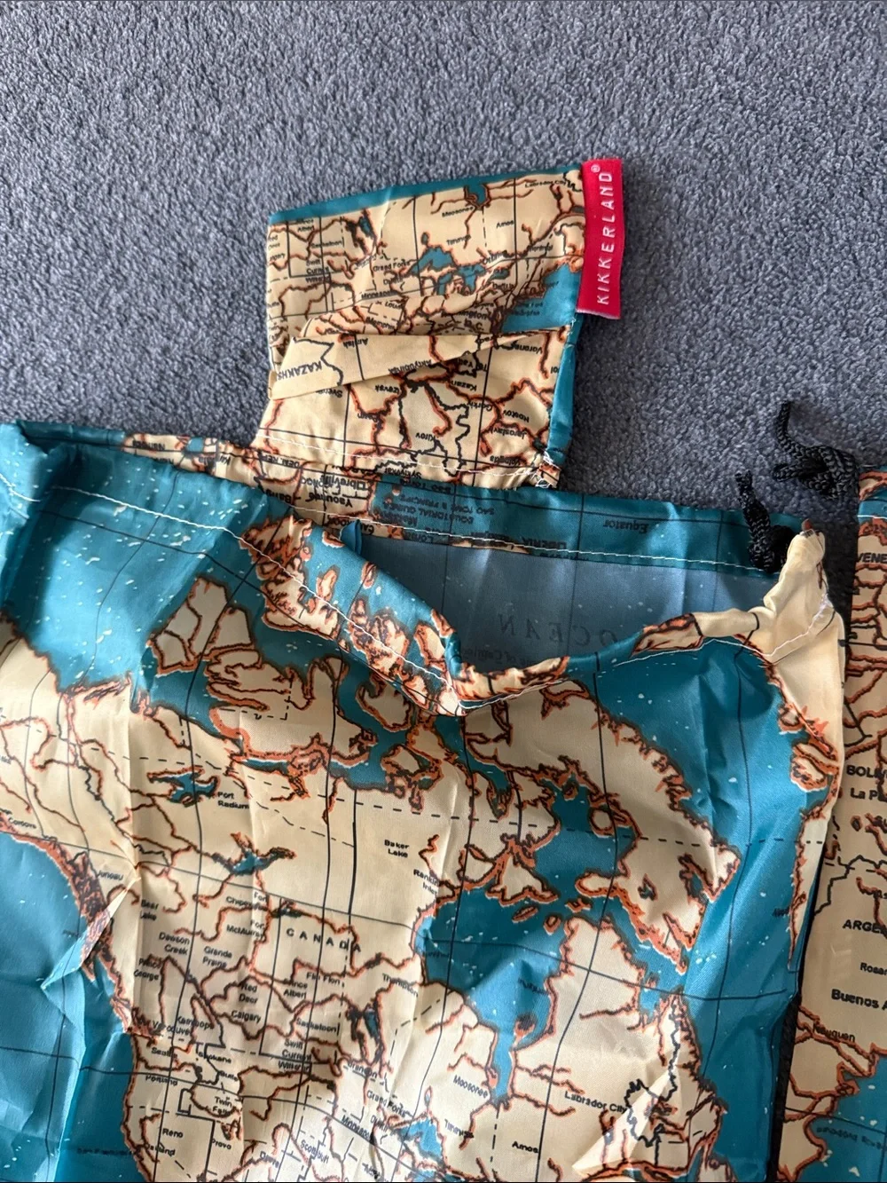 Foldable Map Print Reusable Travel Tote in Teal and Beige Kikkerland